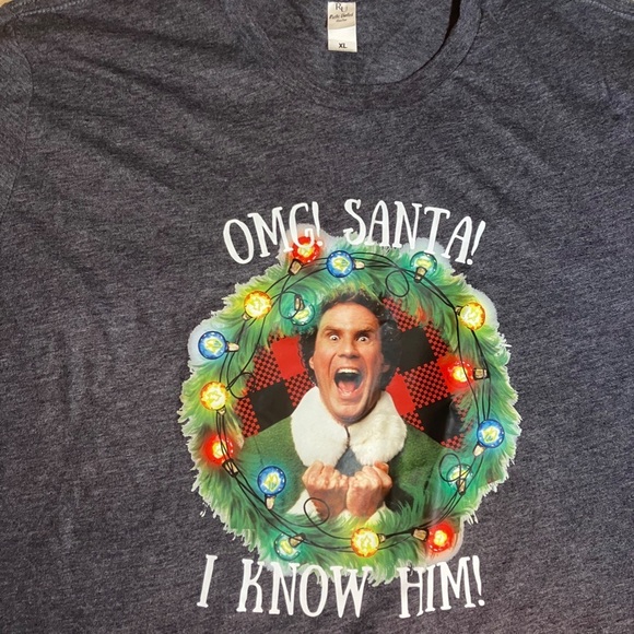 Mens ELF "OMG! SANTA! I KNOW HIM!" heather blue t-shirt, size XL - NWOT - Picture 2 of 6